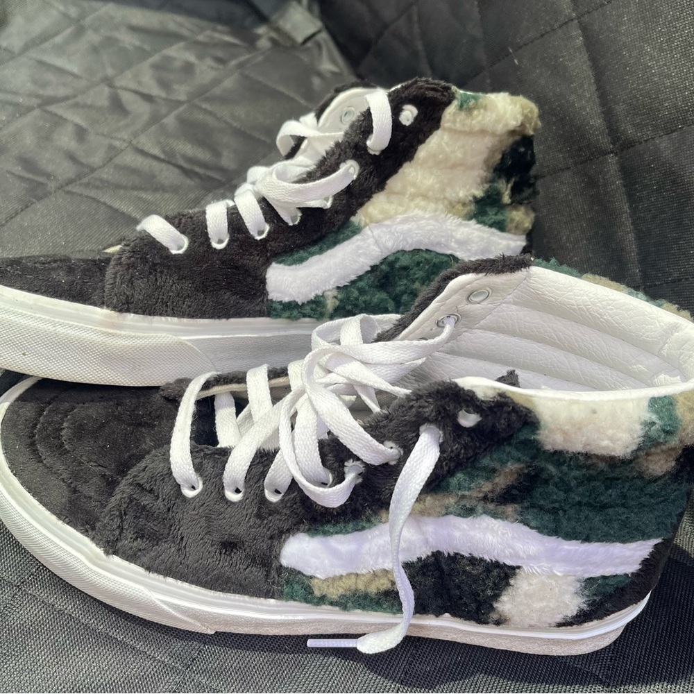 Vans Black and Green Fuzzy High-Top Sneakers
